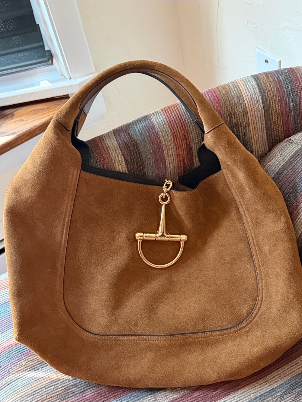 Softbit Suede Hobo Bag in Brown with Gold Hardware